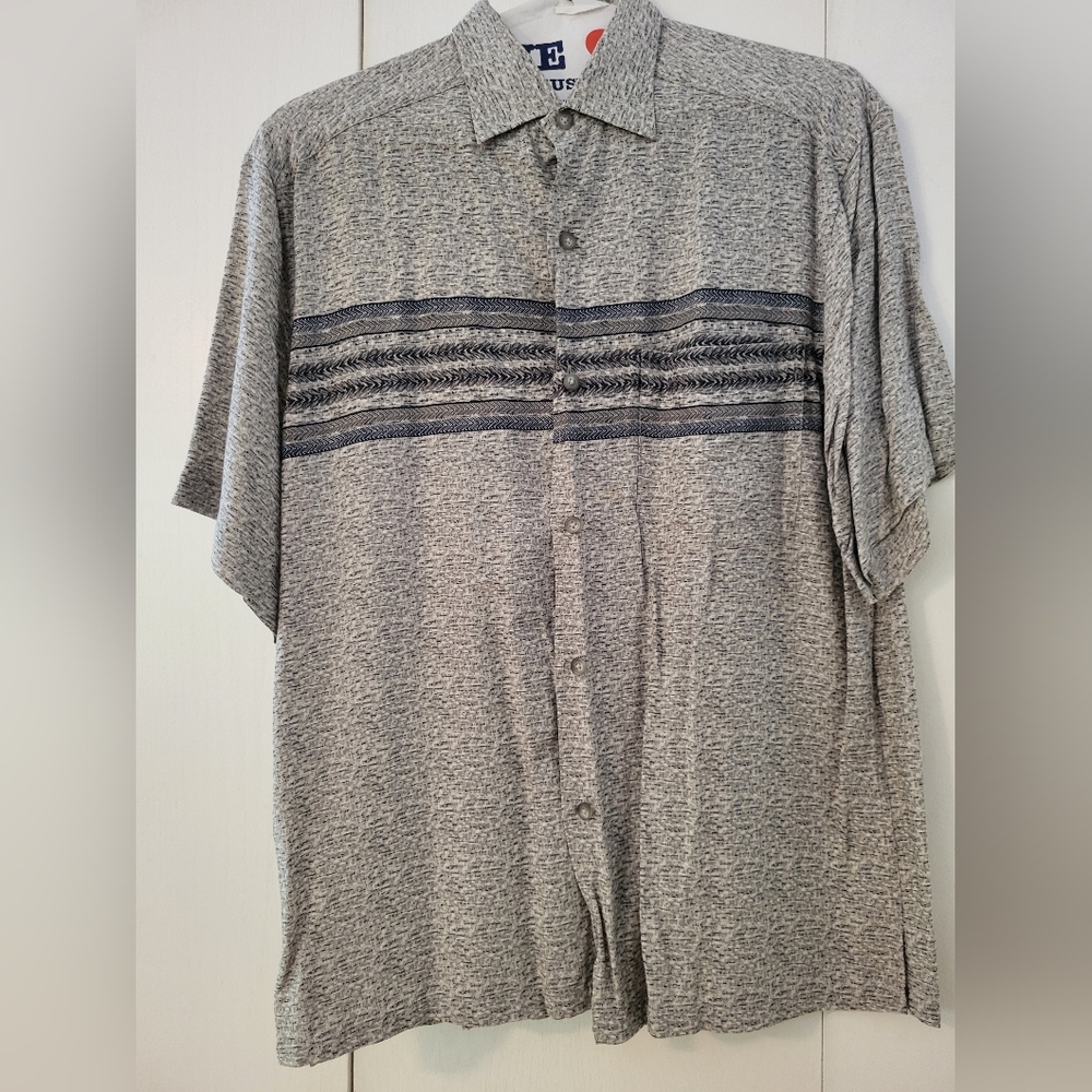Men's Liz Claiborne Grey Horizontal Stripe Short Sleeve Shirt Sz L